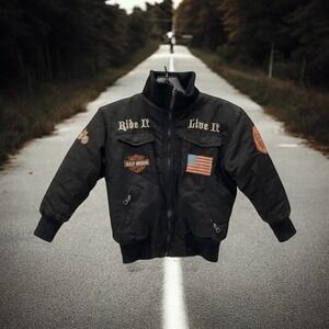 Harley Davidson Reversible Patches Skull Youth Boys Size 5 Full Zip Black Jacket